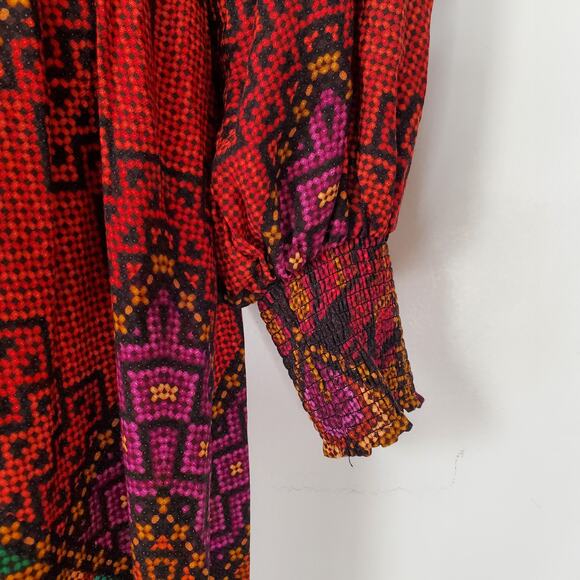 Farm Rio Yawanawa Stripes Long Sleeve Maxi Ankle Dress Red Brown Size Small New - Picture 8 of 13